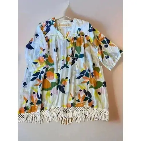 Roller Rabbit ‎ Tunic Top Serafina Fruit Print Cotton Gauze Fringe XL Swim Resort