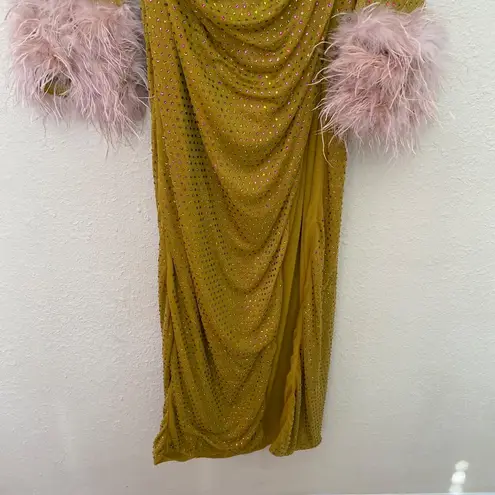 House Of CB  'Gina' Feathered Chartreuse Crystallised Maxi Dress NWOT size XL