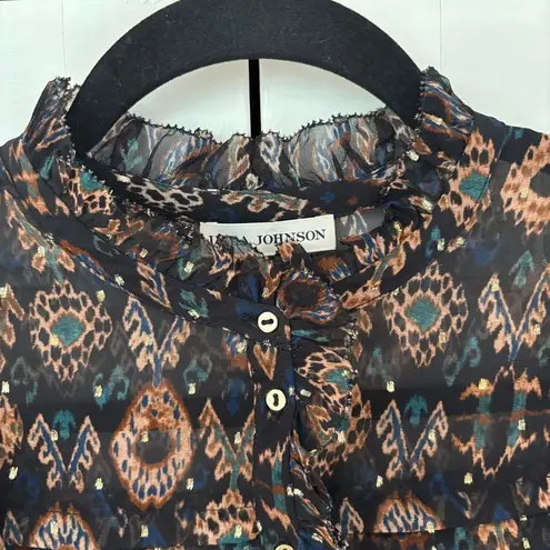 Ulla Johnson Esma Mini Dress Onyx Ikat Size 2 Ruffle Silk Georgette Metallic S