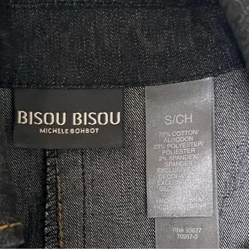 Bisou Bisou Dark Blue Denim Belted Jean Jacket Ruffled Hem S Military Band