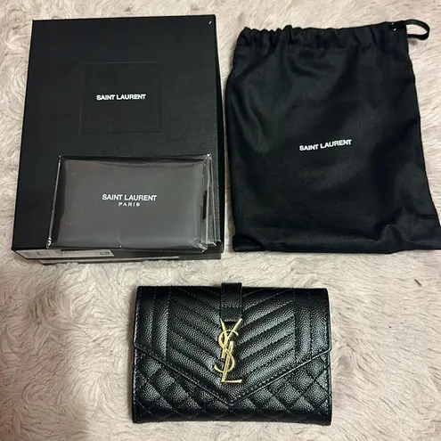 Saint Laurent Authentic  Envelope Small YSL Flap Wallet in Grained Leather