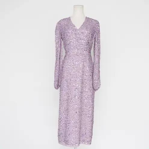 Mac Duggal Purple Sequin Puff Sleeve V Neck Midi Dress