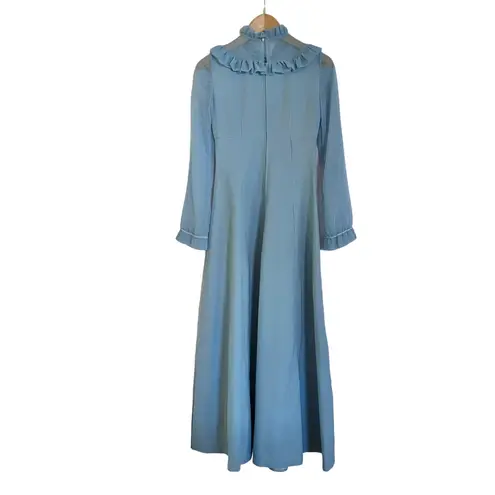 Vintage Dusty Blue Ruffle Collar Prairie Maxi Dress - 1960s Cottagecore Gown