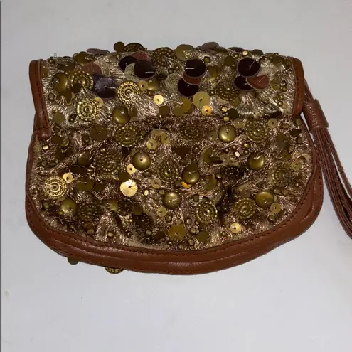 GOLD SEQUIN BEADED WRISTLET WITH BROWN LEATHER NO BRAND TAG MADE IN INDIA