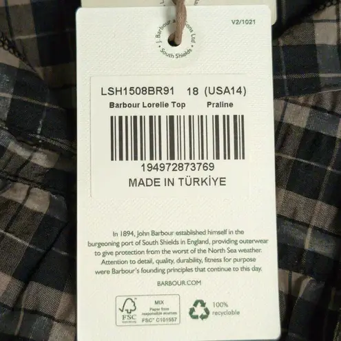 Barbour Lorelie Top Praline Plaid V-neck Seersucker Puff Sleeves 14 New