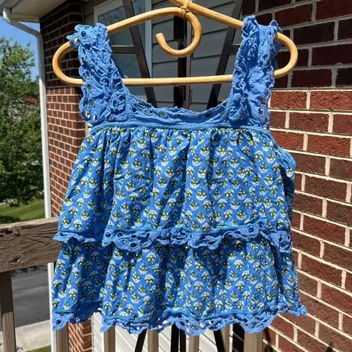 Amaaya Blue Floral Eyelet Detailing Ruffle Tank Top Women's Medium
