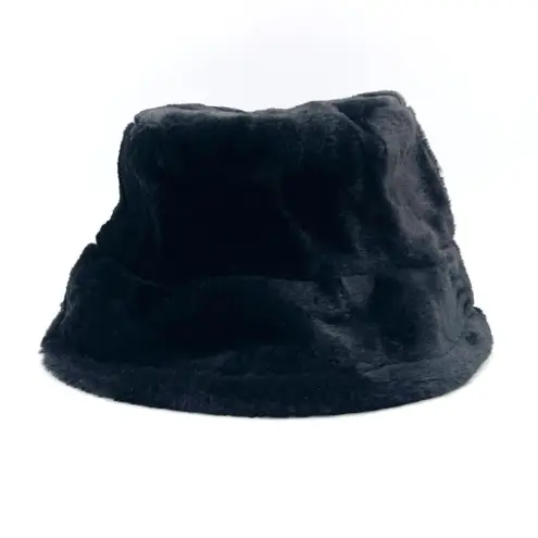 Black Faux Fur Bucket Hat Winter Soft Plush Fuzzy Warm Outerwear Unisex One Size