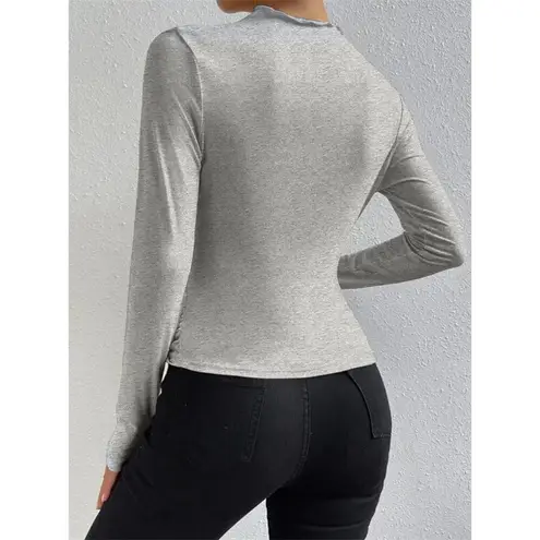 Commense Ruching Casual Stretch Long Sleeve Mock Neck Shirt Gray XL