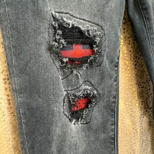 Judy Blue Black Destroyed Buffalo Plaid Patch Skinny Jeans 7/28