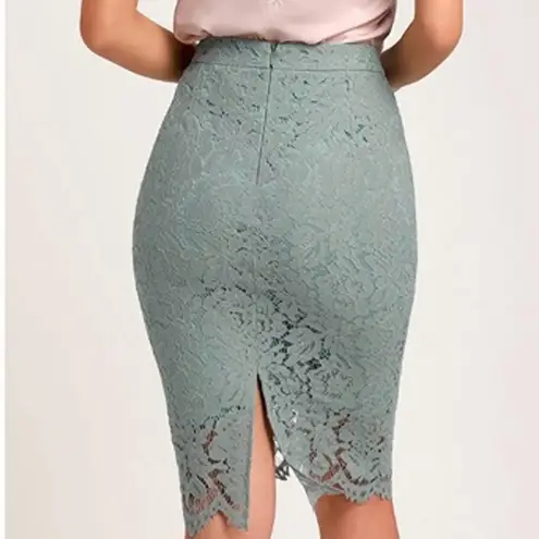 NWT Lulus Womens L Sage Green Lace Pencil Skirt Knee Length Bodycon Career Blue Size L