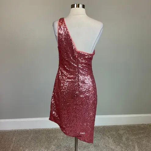 AQUA  Sequined One Shoulder Mini Sheath Sparkly Pink Cocktail Party Dress Size 12