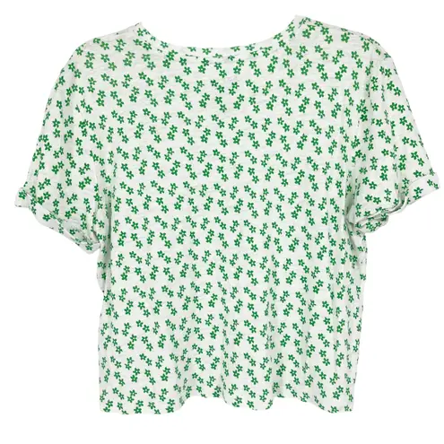 Boden 100% Linen Short Sleeve Boxy Crop Shirt Ivory Green Ditsy Floral Size 2