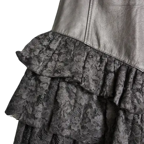 Chia Edgy Vintage Y2K Black Leather & Lace Tiered Ruffle Mini Skirt S TINY FLAW