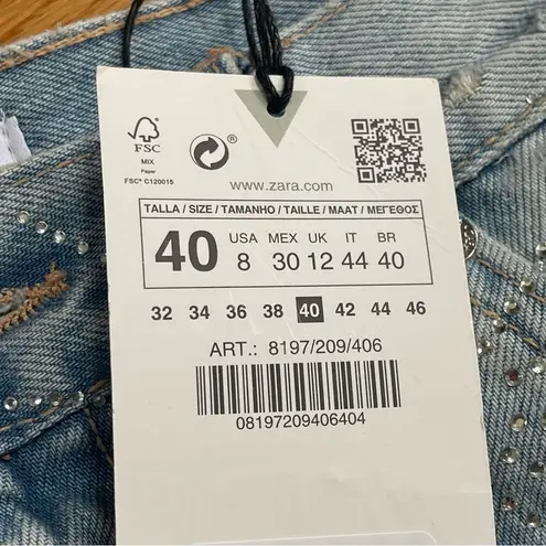 ZARA  Rhinestone Fireworks Blue Denim Ripped Jean Shorts Sz 40/ US 8