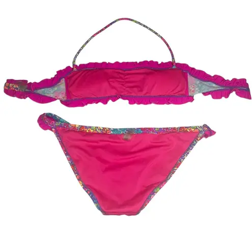 Victoria's Secret Victoria’s Secret Swim 𑁍 Floral Ruffle Bandeau 2 Piece Bikini Set 𑁍 Fuchsia M