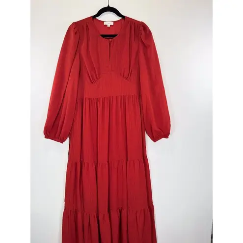A loves A Women Dress Red Maxi Puff Sleeve V Neck Plaid Tiered Long Sleeve Small