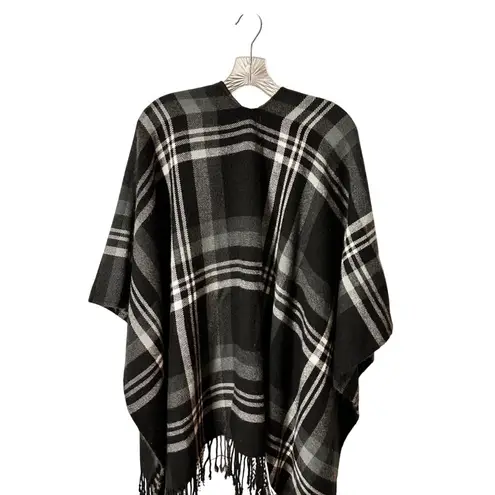Unbranded OS Black & Gray Plaid Poncho Shawl Wrap With Fringe Edges Size undefined