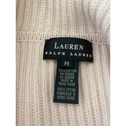 Lauren Ralph Lauren Knit Cardigan Sweater Women's M Cream Cotton Striped Cuffs Black Size M