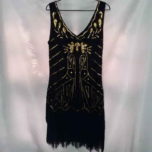 BEYONDBABE WO SIZE XL Elegant Black and Gold SEQUINS FLAPPER Women's STYLE Dress