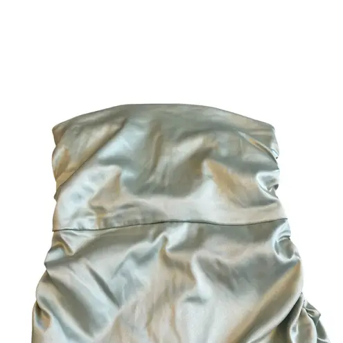 BHLDN Anthropologie Strapless Green Satin Dress Ruched Knee Length Size Med NWT