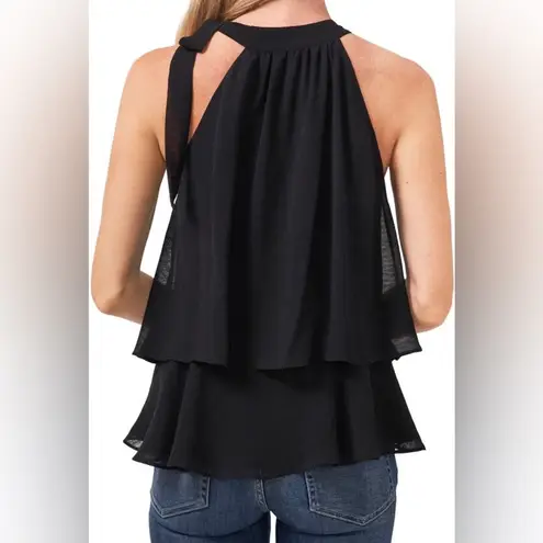 CeCe Shoulder Bow Tiered Ruffle Crinkle Chiffon Blouse Black Women’s Sz L