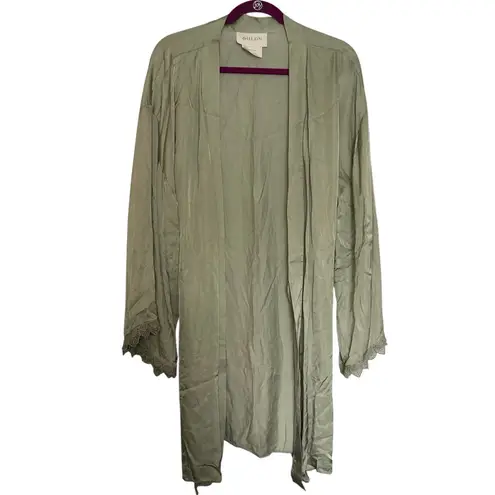 BHLDN Anthropologie Matine Satin Robe Large Sage Green Lave Trim Sleep Lounge