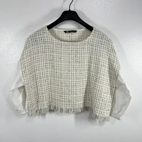 ZARA  Tweed Fringe Boxy Crop Top White‎ Black Balloon Sleeve Blouse XL Textured