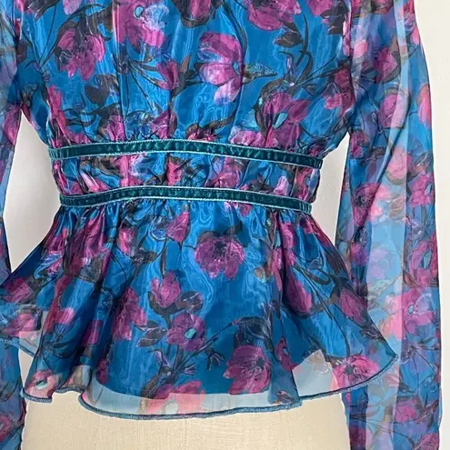Dee Elly Vici Blue Purple Floral Tie Front Peplum Top