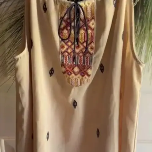 Esley Embroidered Tan Aztec Style Womens Sleeveless Top, Size Large