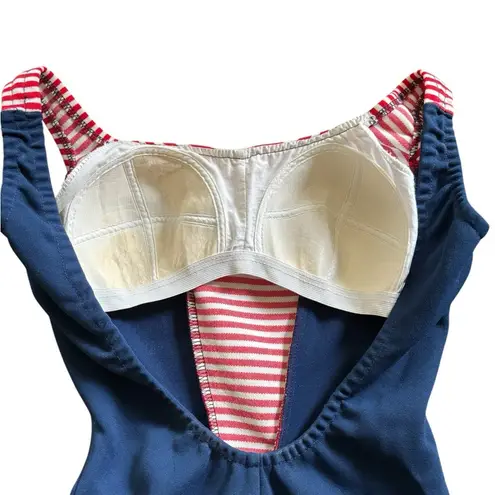 VTG 1960’s One Piece Knit Swimsuit Navy Red Sz 6/8 M Built in Bra Scoop Back Blue
