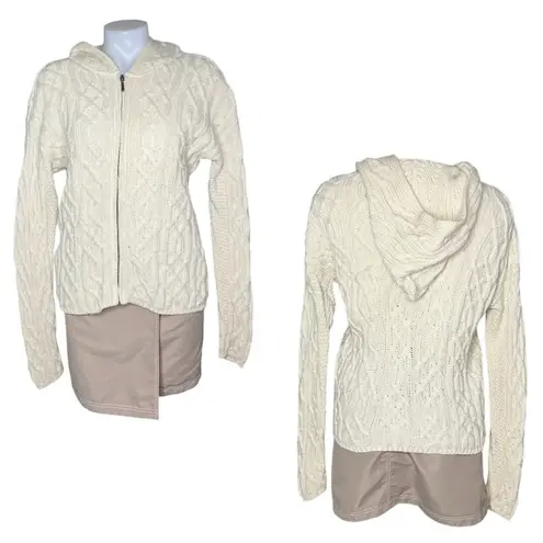 INIS CRAFTS Cable Knit Hooded Zip Sweater 100% Merino Wool Womens Size Medium