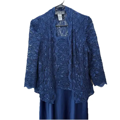 Alex Evenings Navy Blue Lace Glitter Two Piece Jacket Sleeveless Satin Dress 6