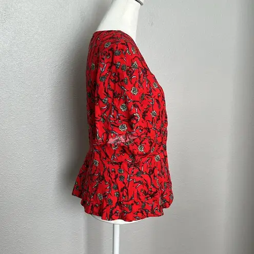 Nsr Faux Wrap Peplum Blouse Red Print Size Medium