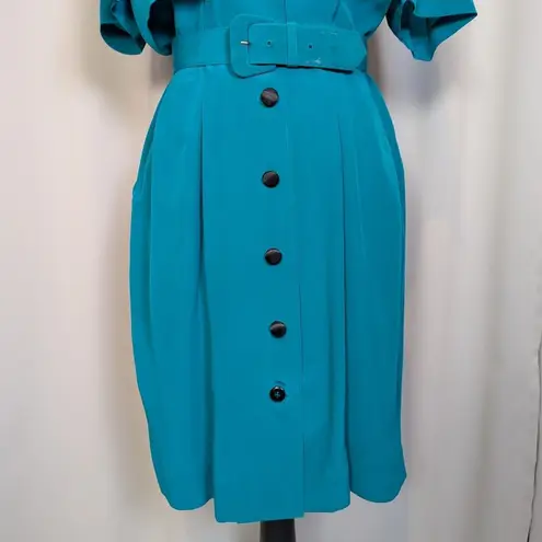 Liz Wear 90s Vintage Silk Short Sleeve Shirt Dress Green