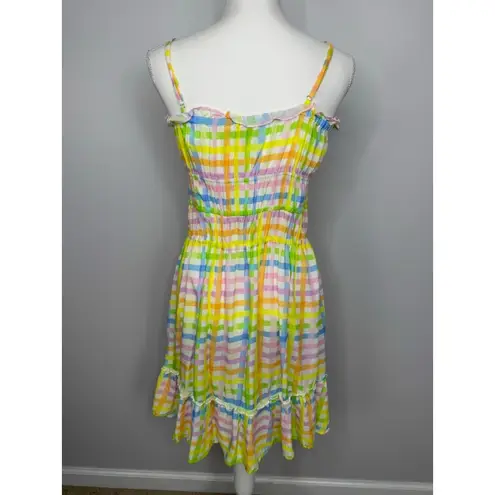 Celina Moon Pastel Plaid Mini Dress Women Large Smocked Sundress Summer Beachy Yellow