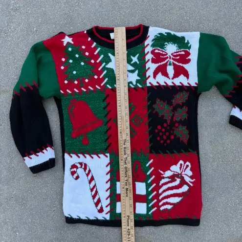 Vintage 90s Holiday Time Christmas Knit Sampler Sweater Tree Candy Cane SMALL Black
