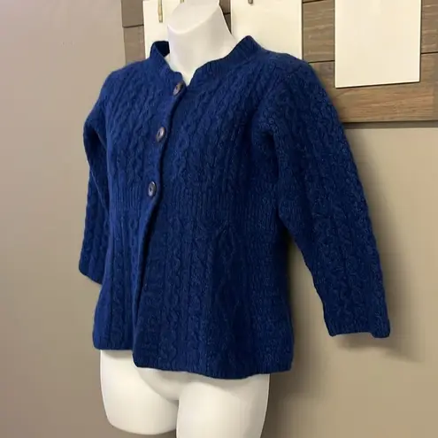 Carraigdonn Made in Ireland Blue Fit Flare Cable Knit Merino Wool Cardigan