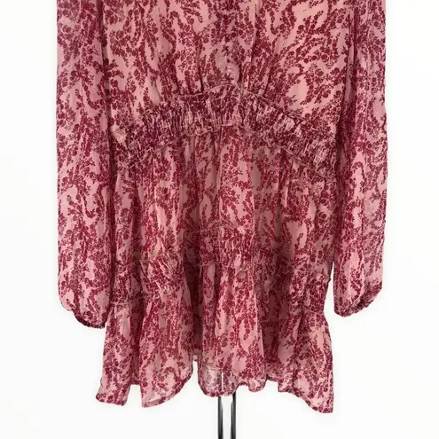 RD Style Pink Print Sheer Long Sleeve Smocked Waist Mini Dress size Large