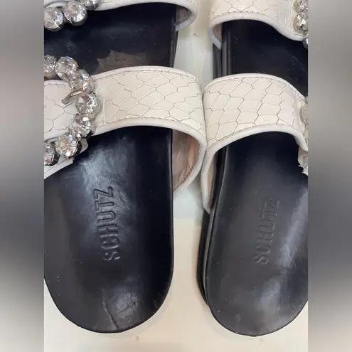 Schutz Ariel Crystal-Buckle Sporty Slide White Snake Croc Sandals Size 10 B