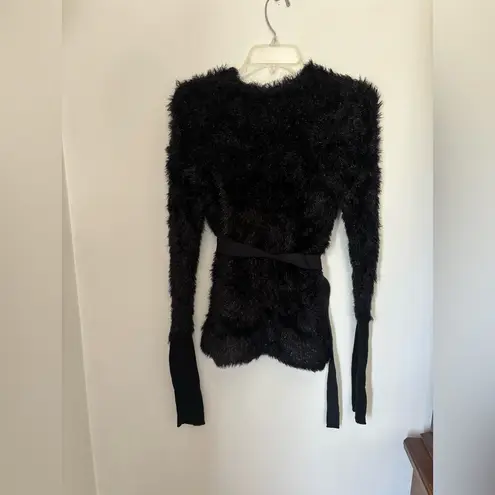 BCBGMAXAZRIA BCBG black eyelash texture fuzzy open belted cardigan size XS