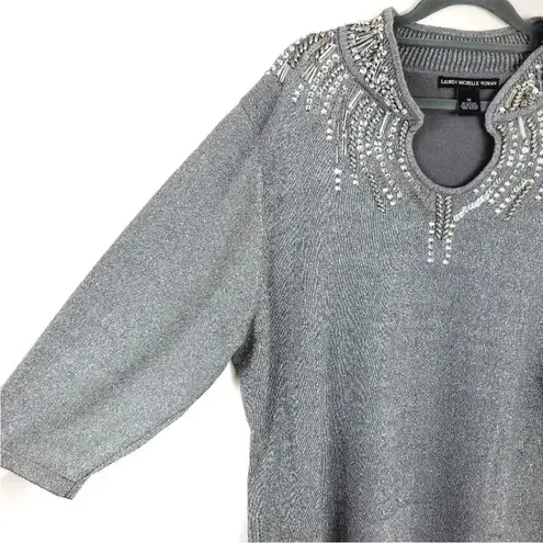 Y2K McBling Indie Sleaze Silver Rhinestone Keyhole Neck Sweater XL