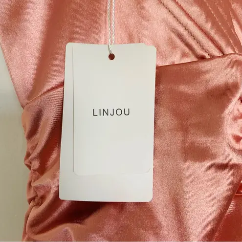 NWT LINJOU Rose Pink Satin/Silk Sweetheart Corset Ruched Wrap Bodycon Dress | L Size L