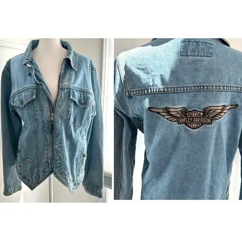 Harley Davidson Vintage 1990s Jean Jacket Women's Medium Wings Patchwork Blue