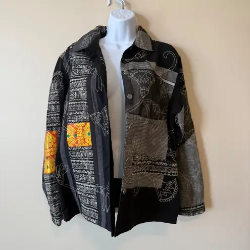 VTG Chico's Design Jacket Black Gray Embroidered Patchwork Art To Wear Size 2 L Size L