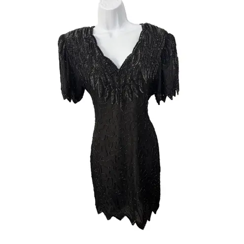 Laurence Kazar Vntg 1980s Lawrence Kazar New York Beaded Silk Black Hand-Beaded Evening Gown