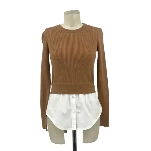 Veronica Beard Rocha Poplin-paneled Merino Wool Sweater In Camel Size XS - Image 3