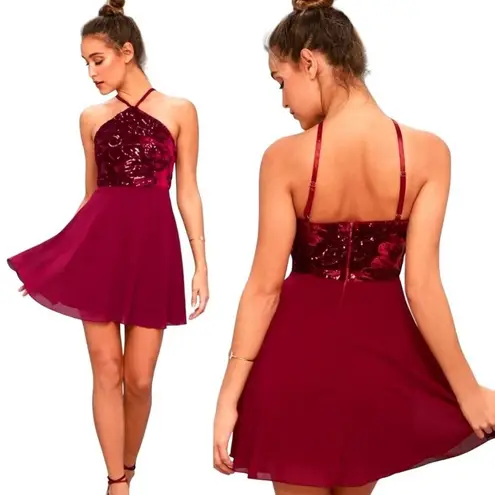 Lulus Dress Women Medium Burgundy Time of Love Sequin Halter Skater Mini Prom Red