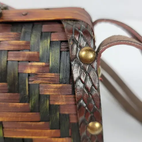 Vintage Basket Purse Two Tone Brown Rattan Bamboo Leather Trim Woven Hinged
