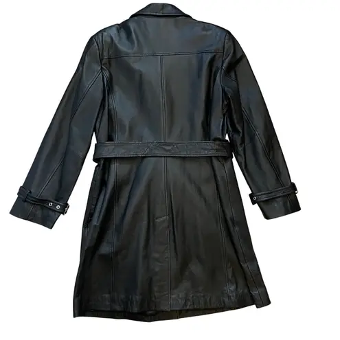 VTG 90s Terry Lewis Classic Luxuries Black Leather Belted Trench Coat Womens M Size M
