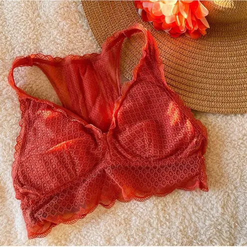 Aerie Coral Orange Lace Racerback Scallop Hem Bralette 